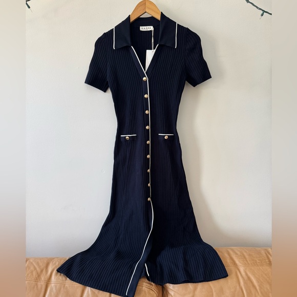 Gaala Paris Lizette Midi Knit Dress NWT Navy and Creme Button-Down Dress - Picture 2 of 15